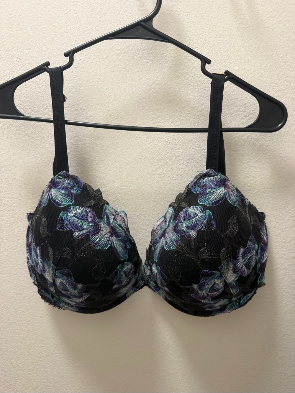 Victoria's Secret Black Bra with Teal & Purple Floral Embroidery